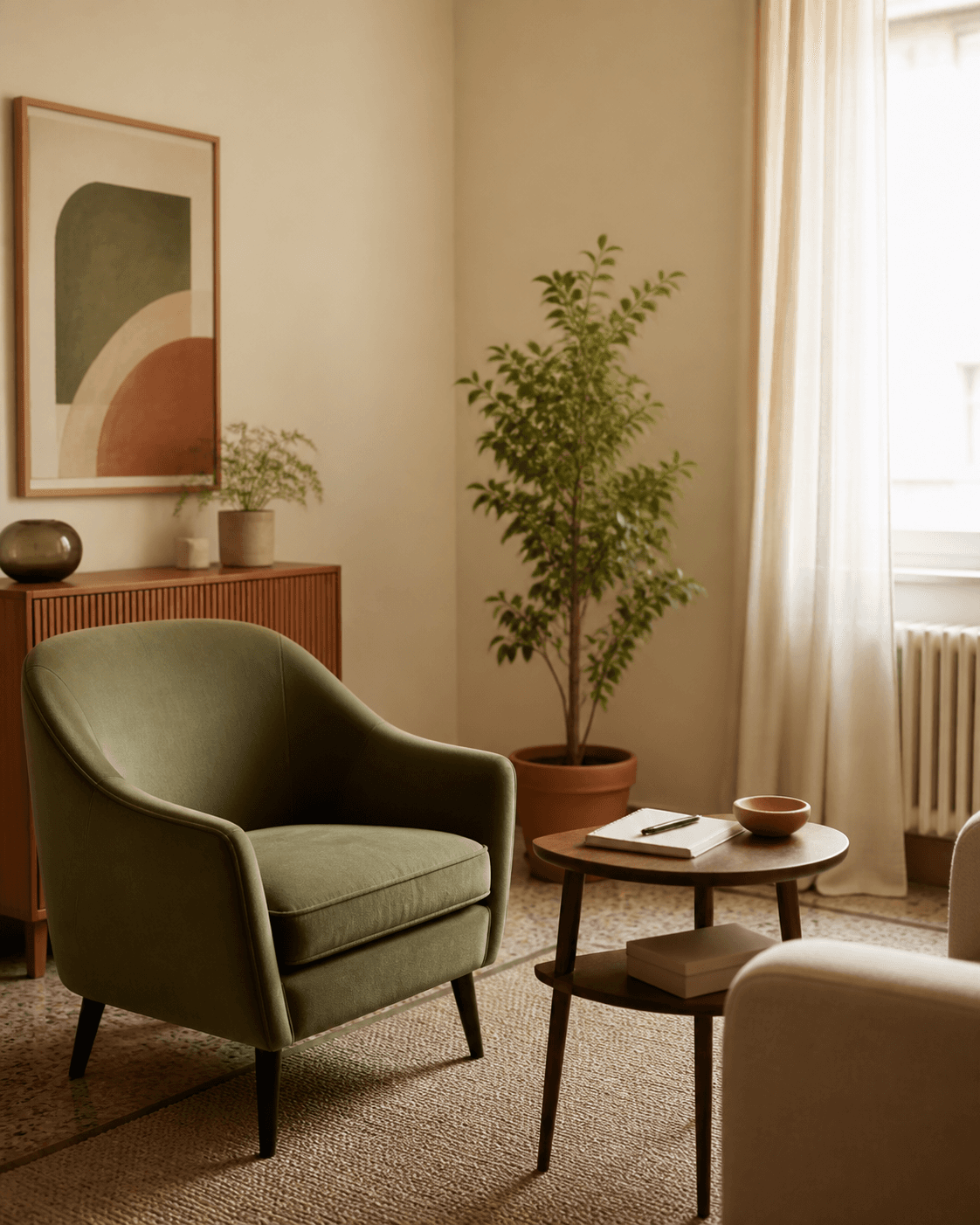 Studio accogliente con poltrone, piante e luce naturale